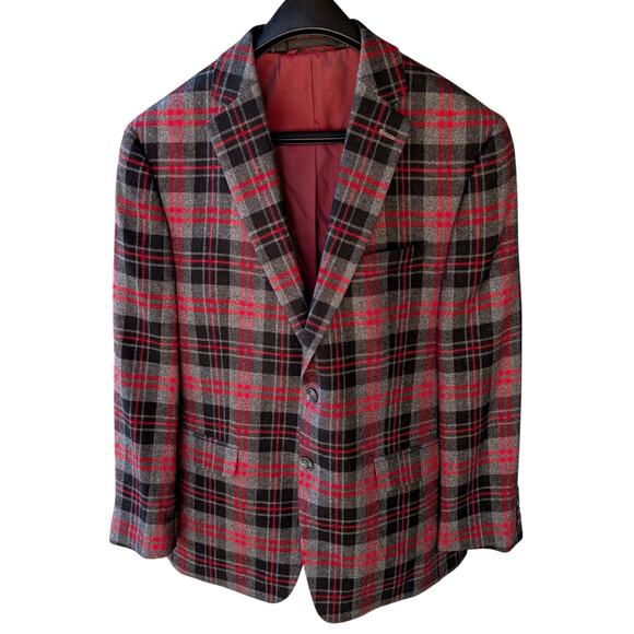 IZOD Mens Plaid Red & Black & Gray Wool Viscose 2 button Sport Coat Blazer 40 S - Picture 1 of 12